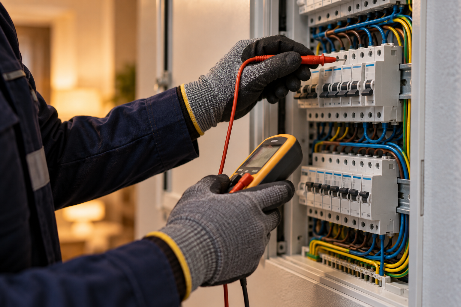 Elektrik panosunu ölçüm cihazıyla kontrol eden ustanın elleri
